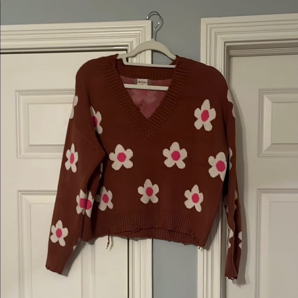 Altar'd State Brown V-Neck Sweater with Floral Design